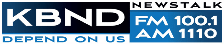 KBND Radio News Logo. Blue and black with white lettering. FM 100.1 and AM 110